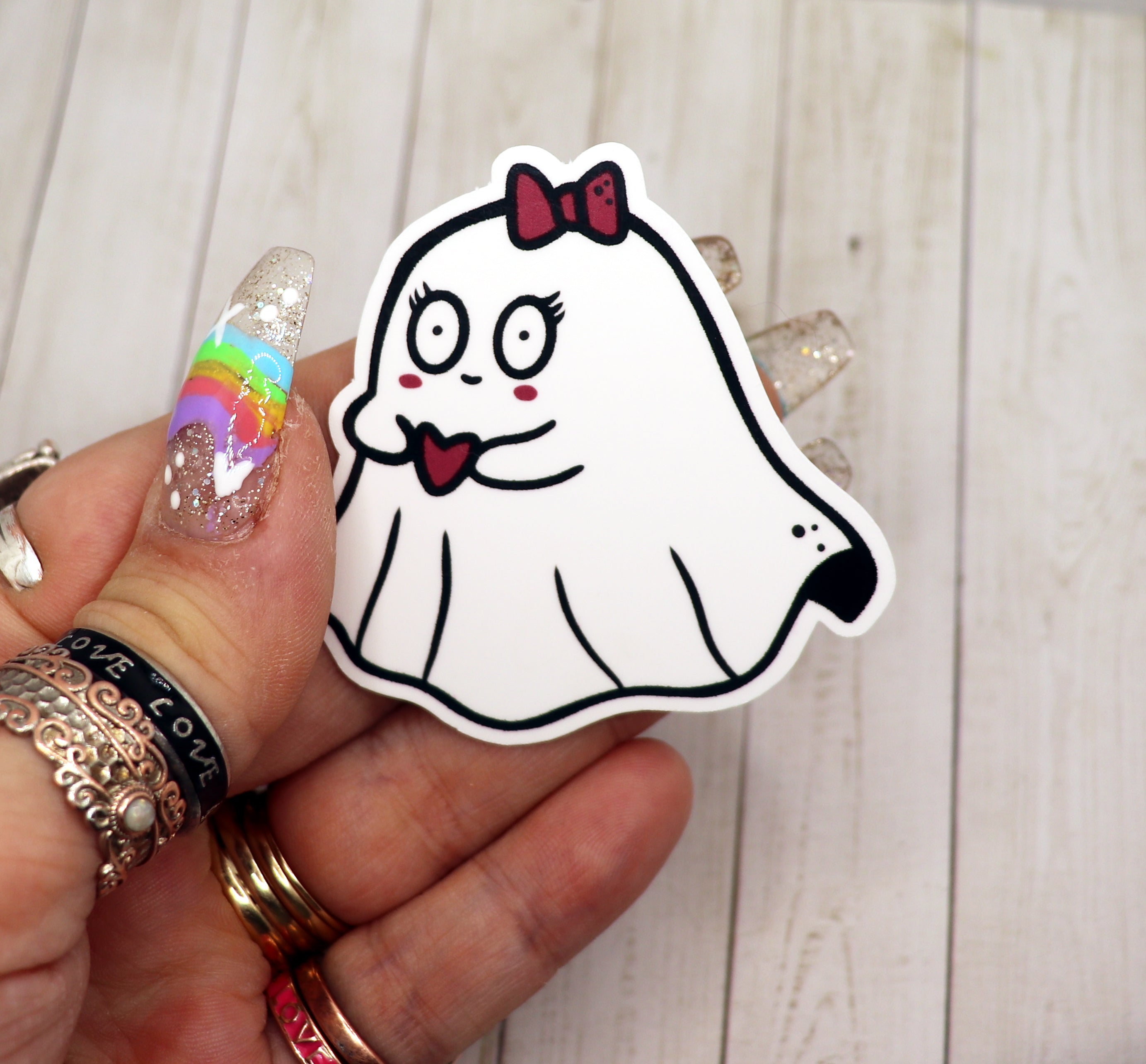 Cute Ghost Girl Vinyl Sticker on a white background, showcasing its vibrant colors and matte finish.