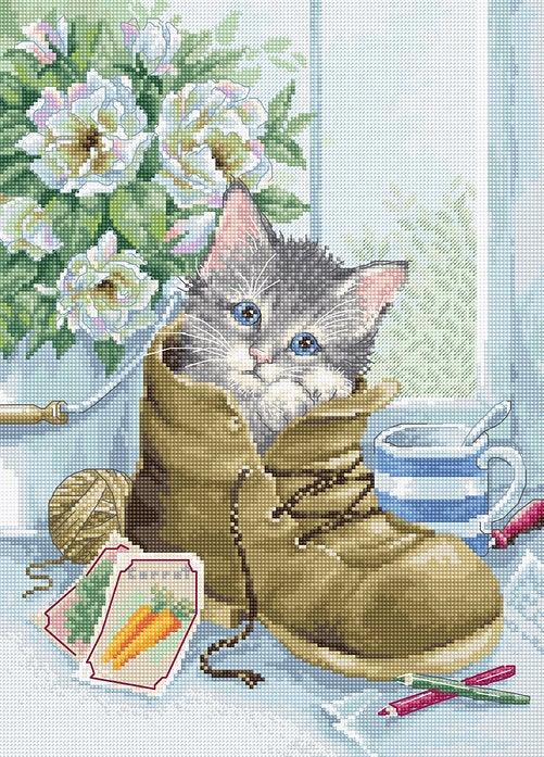 Cute Kitten B2391L Counted Cross-Stitch Kit featuring Aida canvas, colorful threads, and a needle, designed by Hazel Lincoln.