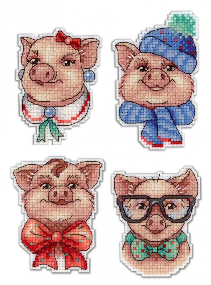 Cute Piggies P-279 / SR-279 Plastic Canvas Counted Cross Stitch Kit with colorful threads and plastic canvas for DIY fridge magnets.