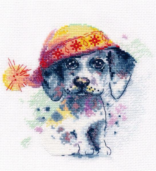 Cute Puppy 1023 Counted Cross Stitch Kit with colorful threads and Aida canvas.