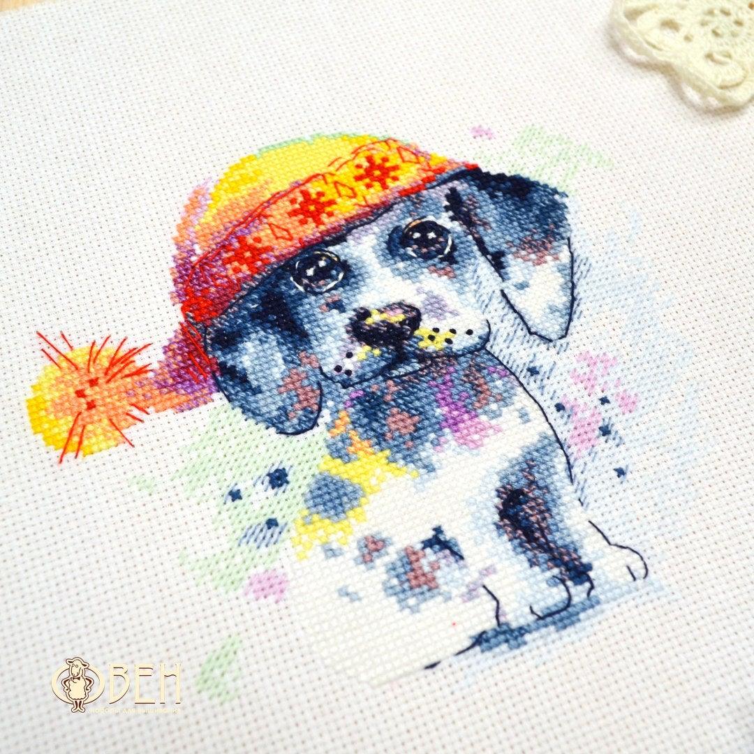 Cute Puppy 1023 Counted Cross Stitch Kit with colorful threads and Aida canvas.