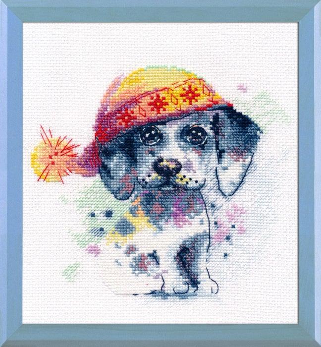 Cute Puppy 1023 Counted Cross Stitch Kit with colorful threads and Aida canvas.