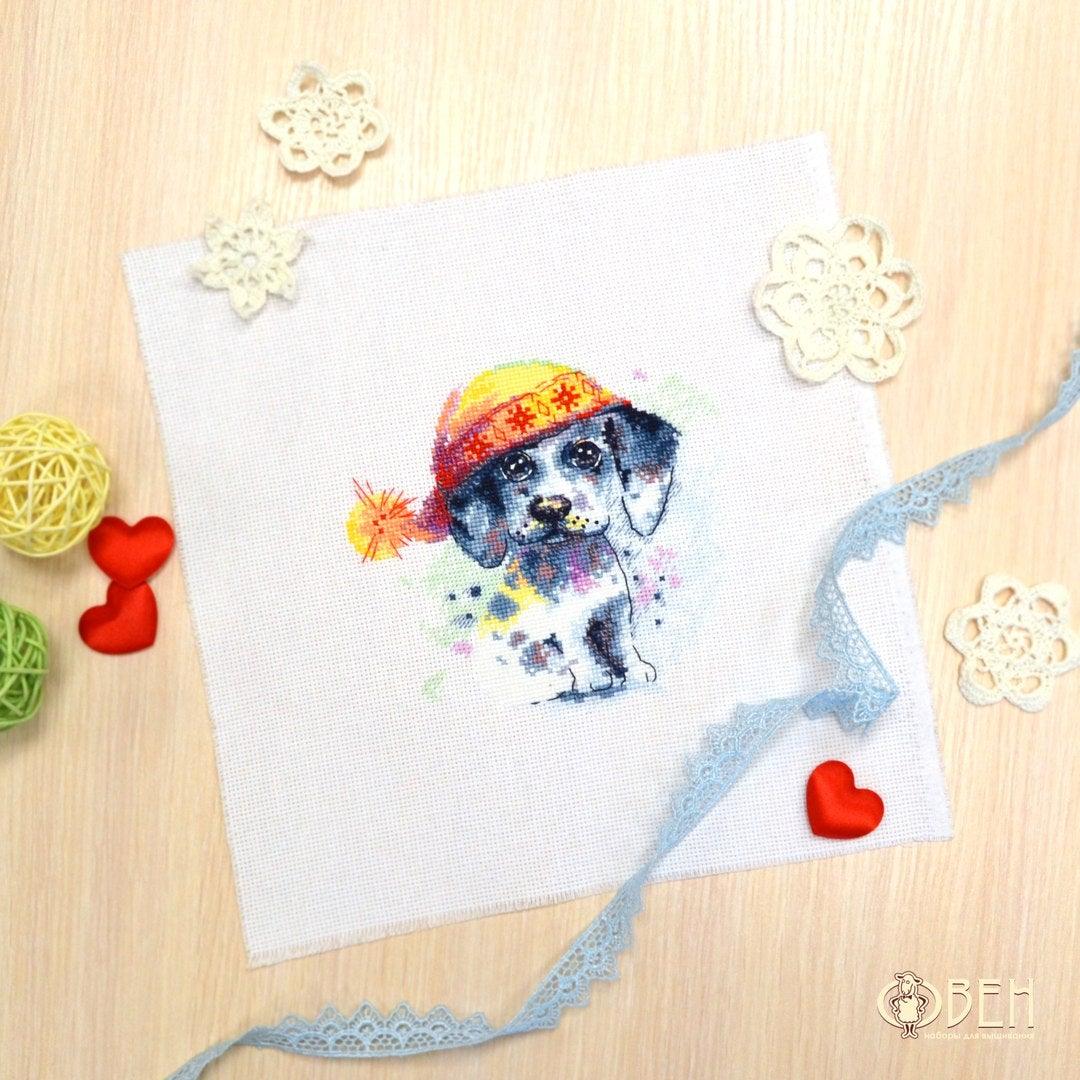 Cute Puppy 1023 Counted Cross Stitch Kit with colorful threads and Aida canvas.