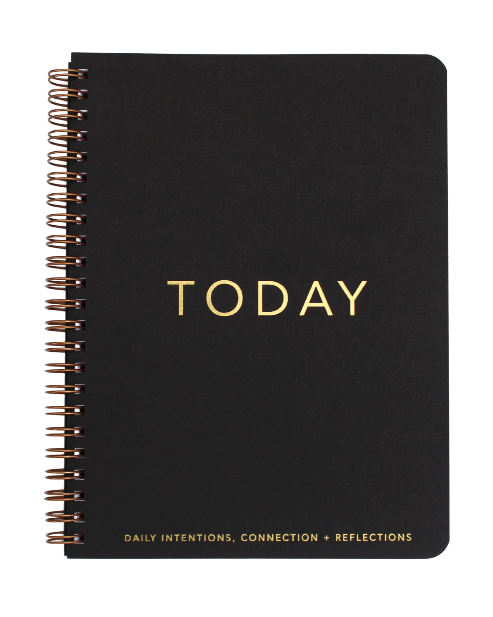 Daily Intentions, Connection, Reflection Journal with gold foil imprint and wire binding, showcasing lined and daily template pages.