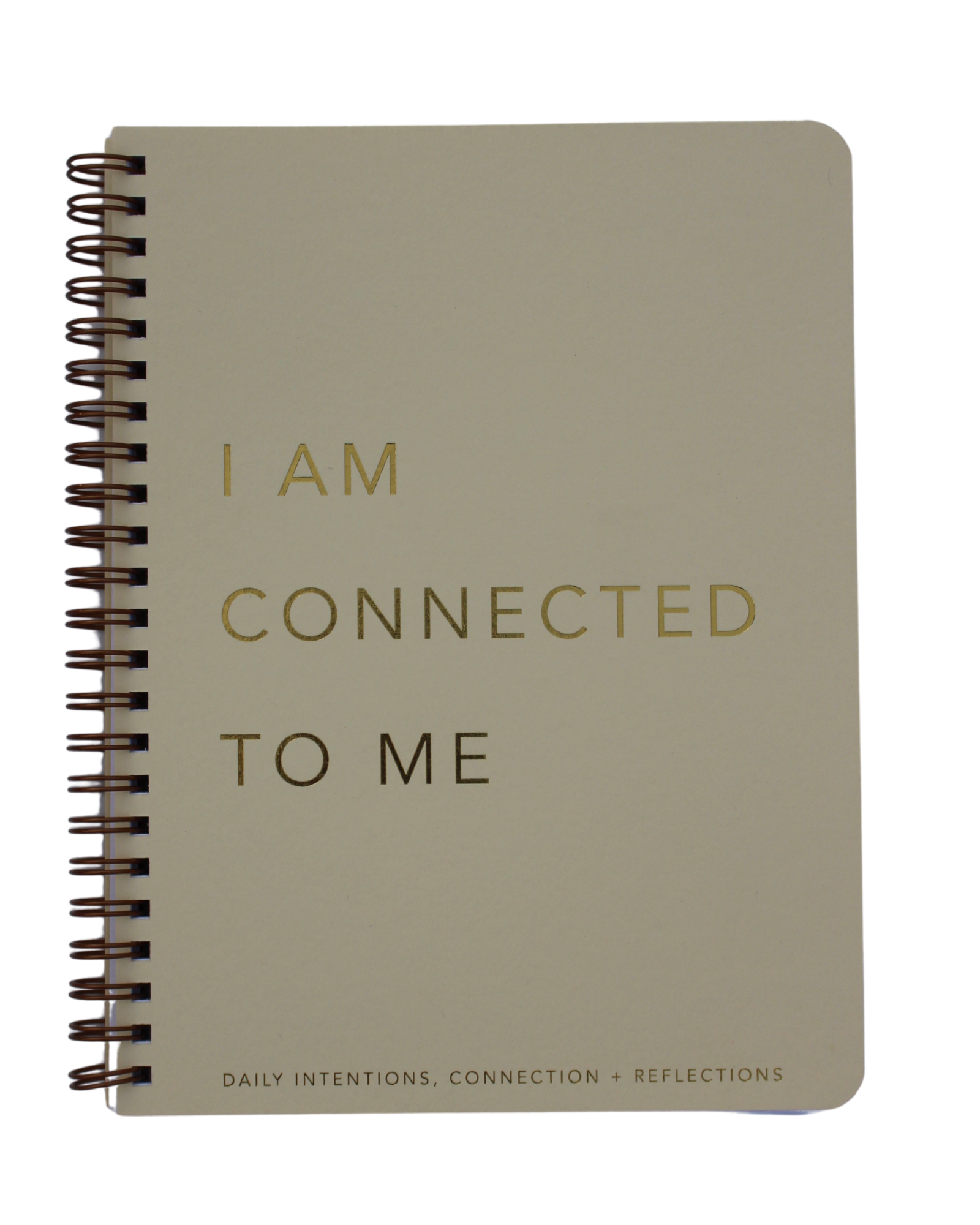 Daily Intentions, Connection, Reflection Journal with gold foil imprint and wire binding, showcasing lined and daily template pages.