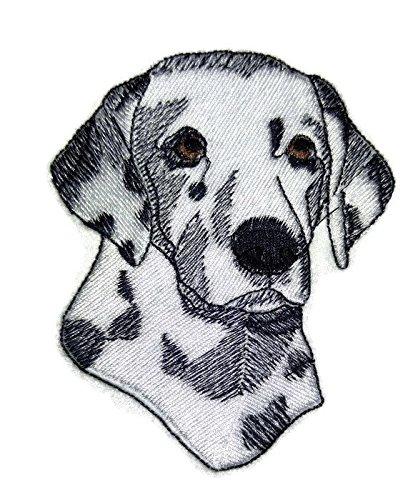 Dalmatian Dog Face embroidery patch, 4 inches by 2.5 inches, showcasing intricate details and vibrant colors.