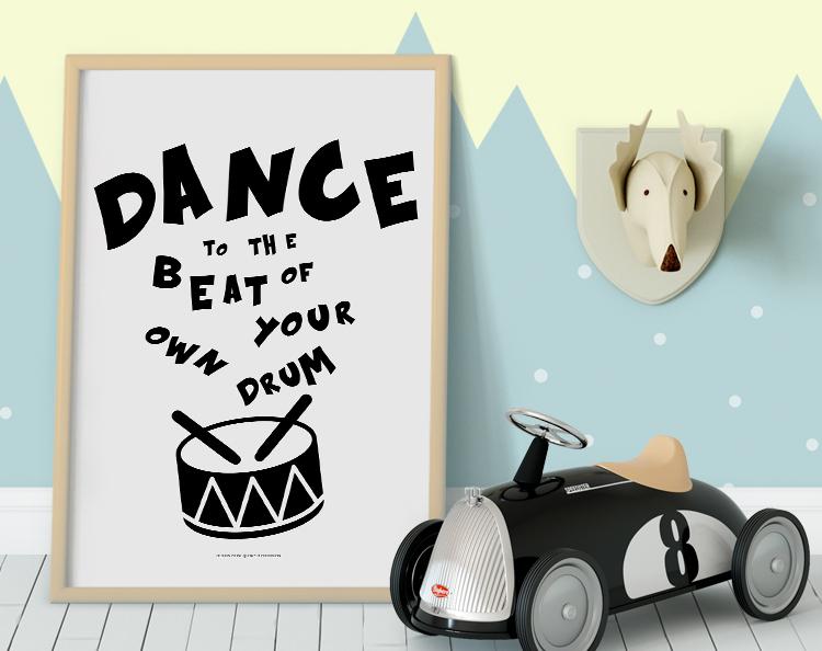 Colorful print titled 'Dance To The Beat' designed for children's rooms, featuring vibrant colors and playful design.