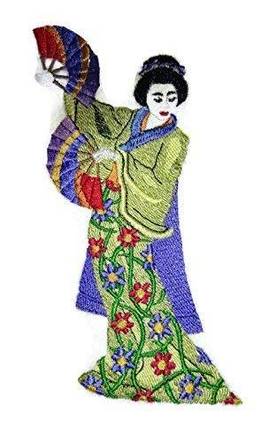 Dancing Geisha embroidered patch showcasing intricate design and vibrant colors, ideal for iron-on or sew-on applications.