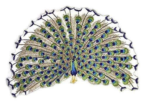 Dancing Peacock embroidered patch showcasing vibrant colors and intricate design, measuring 7.54 inches by 5.32 inches, ideal for iron-on or sewing applications.