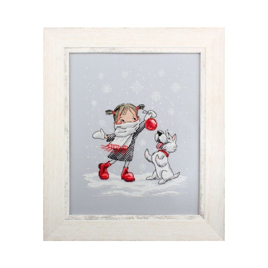 Dancing with Snowflakes M652 Counted Cross Stitch Kit featuring grey Aida fabric, DMC threads, and a detailed chart.