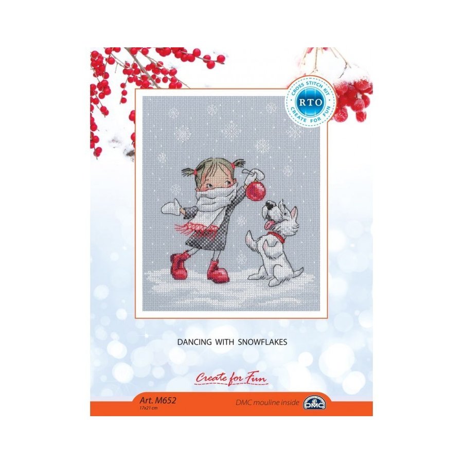 Dancing with Snowflakes M652 Counted Cross Stitch Kit featuring grey Aida fabric, DMC threads, and a detailed chart.