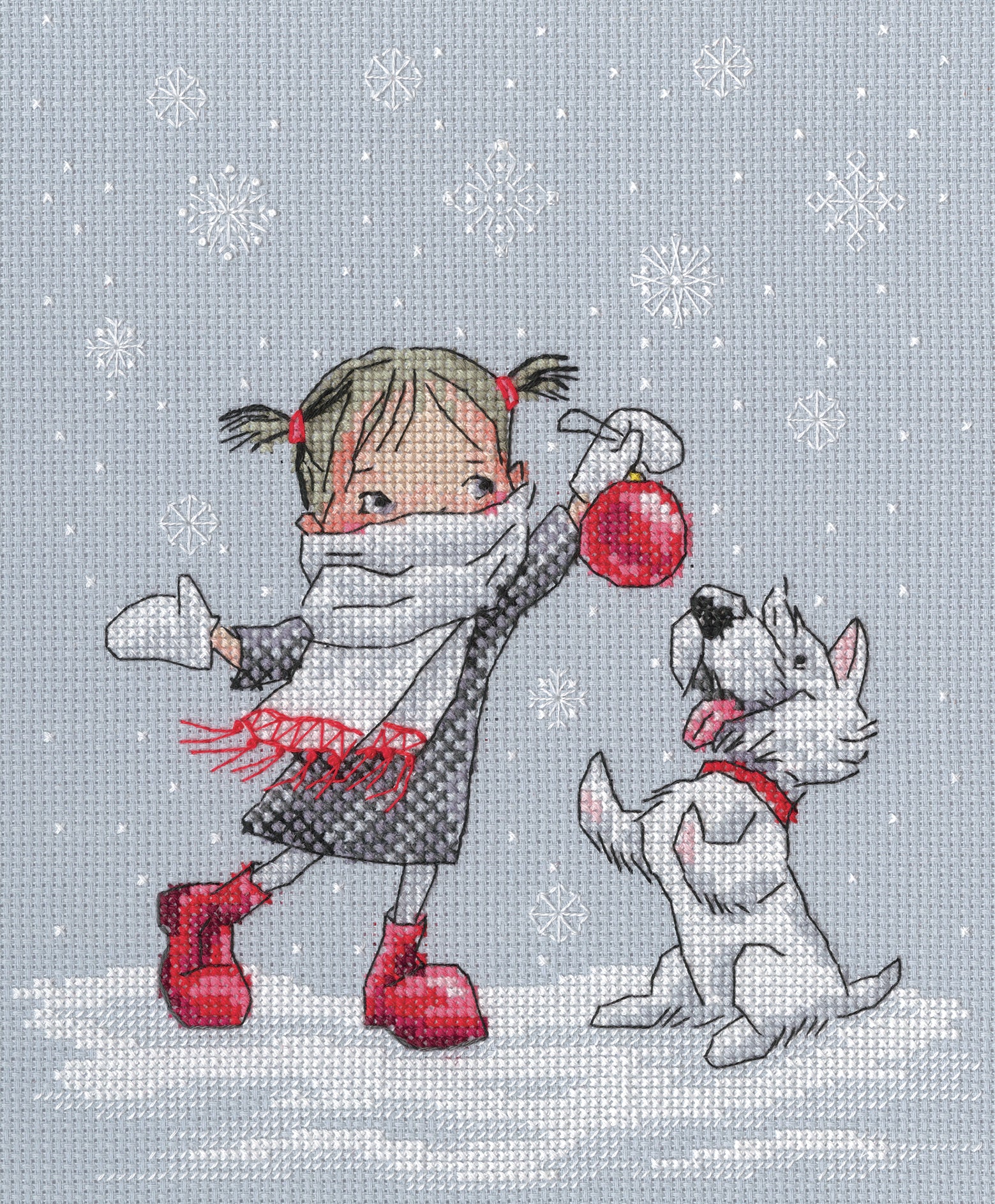 Dancing with Snowflakes M652 Counted Cross Stitch Kit featuring grey Aida fabric, DMC threads, and a detailed chart.