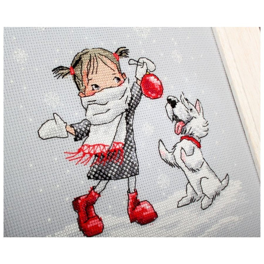 Dancing with Snowflakes M652 Counted Cross Stitch Kit featuring grey Aida fabric, DMC threads, and a detailed chart.