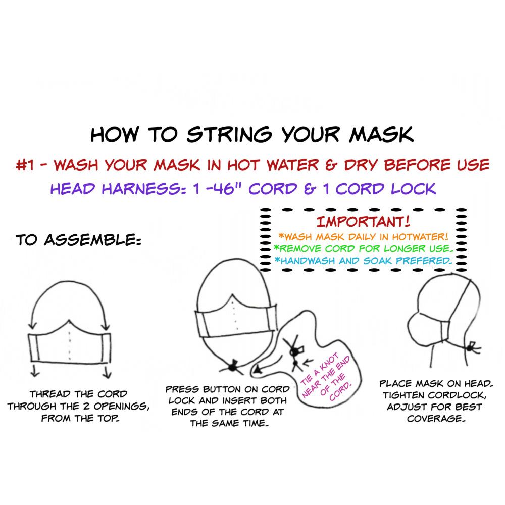 Day Drinking Face Mask with Pocket, handmade from 100% cotton, featuring a head harness for secure fit and a pocket for additional filters.