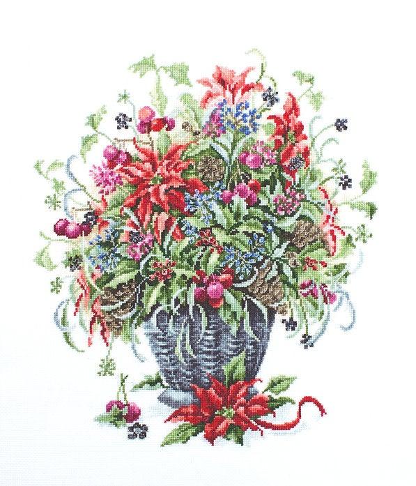 December Bouquet B7002L Counted Cross-Stitch Kit featuring Aida canvas, vibrant threads, and needle for crafting.