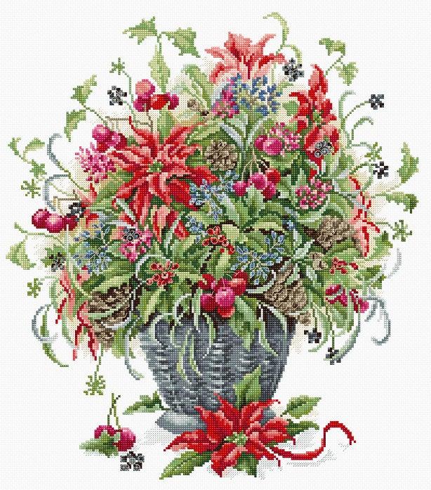 December Bouquet B7002L Counted Cross-Stitch Kit featuring Aida canvas, vibrant threads, and needle for crafting.