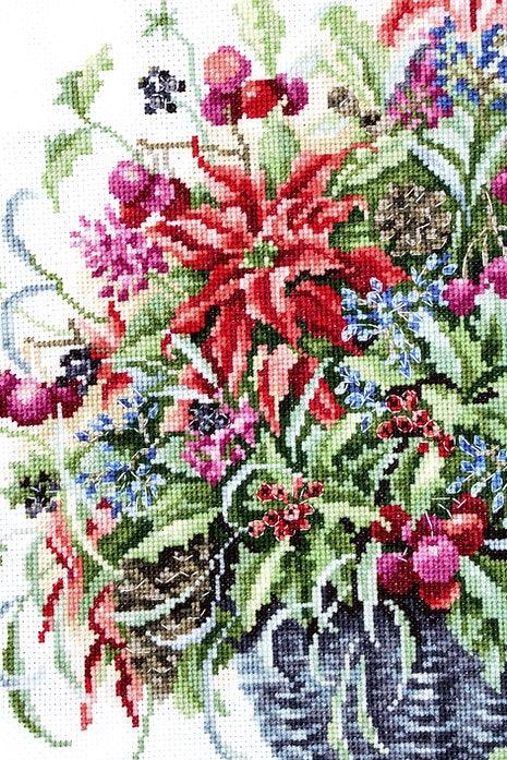 December Bouquet B7002L Counted Cross-Stitch Kit featuring Aida canvas, vibrant threads, and needle for crafting.