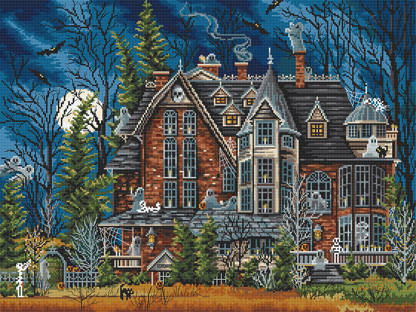 Decorating the Haunted House L8045 Counted Cross Stitch Kit featuring Aida canvas, colorful threads, and detailed instruction chart.