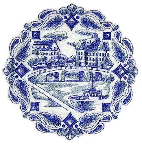 Delft Blue Canal Scene embroidered patch, featuring intricate designs on a cotton base, ideal for iron-on or sew-on applications.