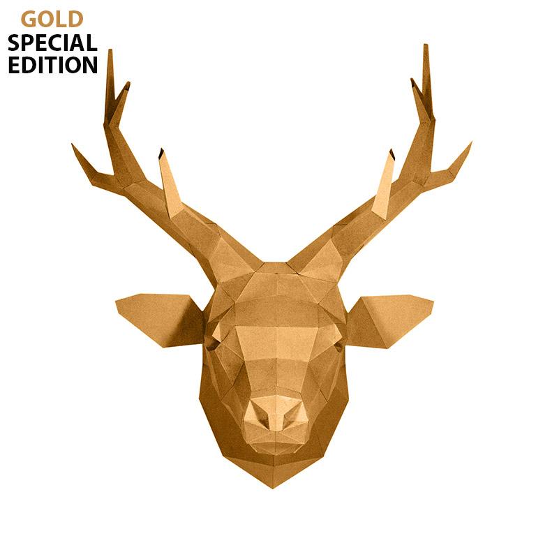 GOLD Limited Edition Deer Head Wall Art, a 3D origami design made from fortified paperboard, showcasing a chic and contemporary trophy look.