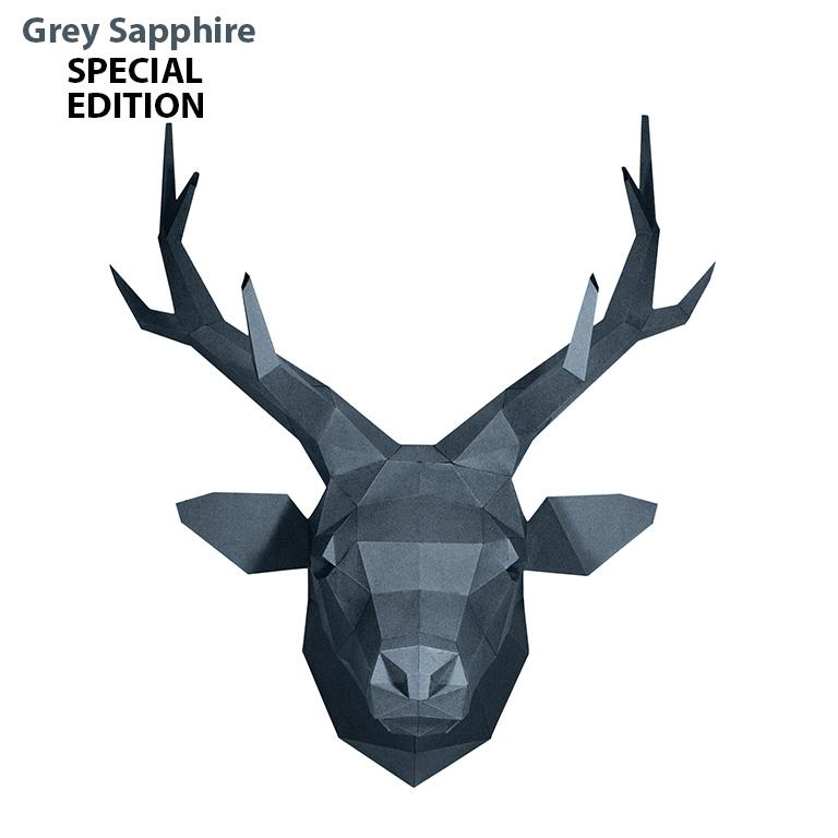 Grey Sapphire Deer Head Wall Art, a 3D origami design made from strong paperboard, showcasing a stylish and cruelty-free trophy.