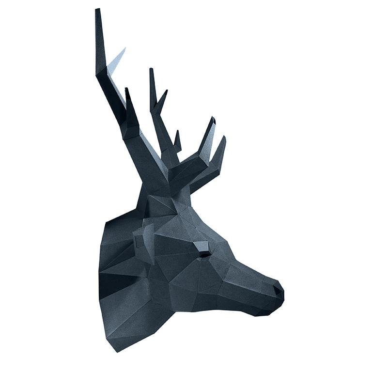 Grey Sapphire Deer Head Wall Art, a 3D origami design made from strong paperboard, showcasing a stylish and cruelty-free trophy.