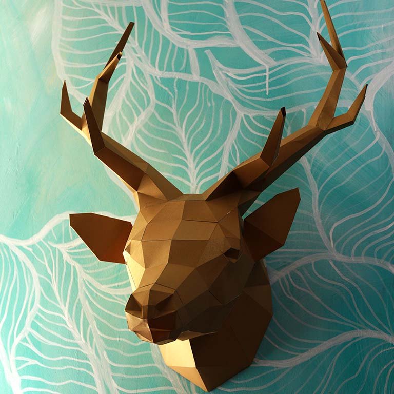 Grey Sapphire Deer Head Wall Art, a 3D origami design made from strong paperboard, showcasing a stylish and cruelty-free trophy.