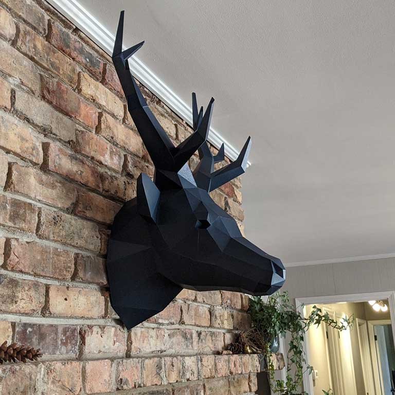 Grey Sapphire Deer Head Wall Art, a 3D origami design made from strong paperboard, showcasing a stylish and cruelty-free trophy.