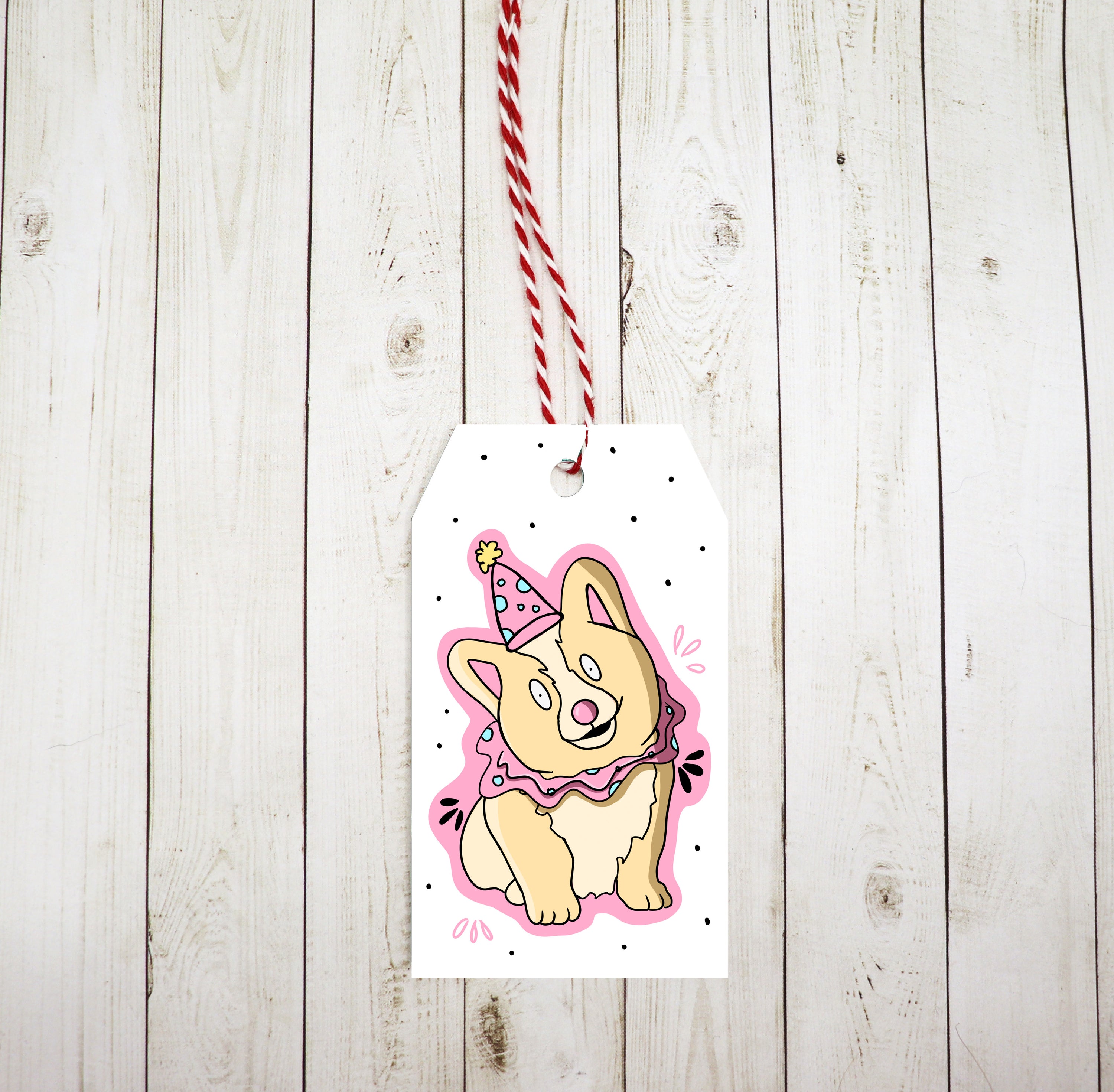 A set of eight Dog Clown 2 Gift Tags featuring a playful clown design, printed on heavy white cardstock with red and white twine.