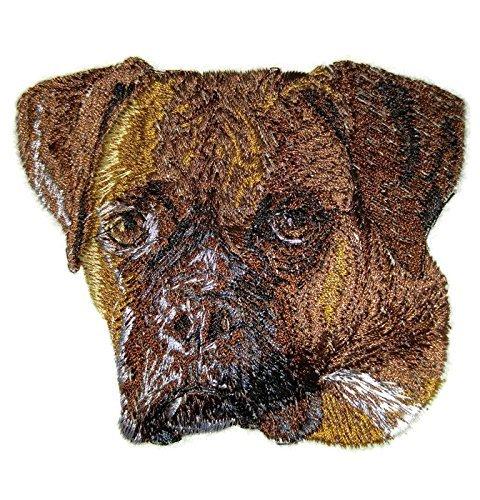 Boxer Dog Face embroidery patch, measuring 3.69" x 4", showcasing intricate details and vibrant colors, suitable for iron-on or sew-on applications.