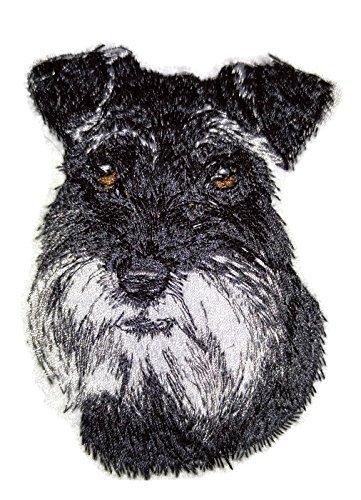 Schnauzer Dog Face embroidery patch, showcasing detailed stitching and vibrant colors on a cotton base.