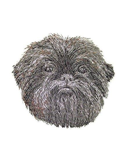 A detailed Affenpinscher dog face embroidery patch, measuring 4 inches by 3.78 inches, showcasing intricate stitching and vibrant colors.