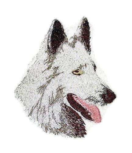 White Swiss Shepherd Dog Face embroidery patch, showcasing intricate details and vibrant colors, perfect for iron-on or sew-on applications.