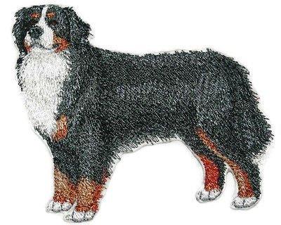 Bernese Mountain Dog iron-on patch, featuring vibrant embroidery on a durable cotton base, measuring 4.5 inches by 4.5 inches.