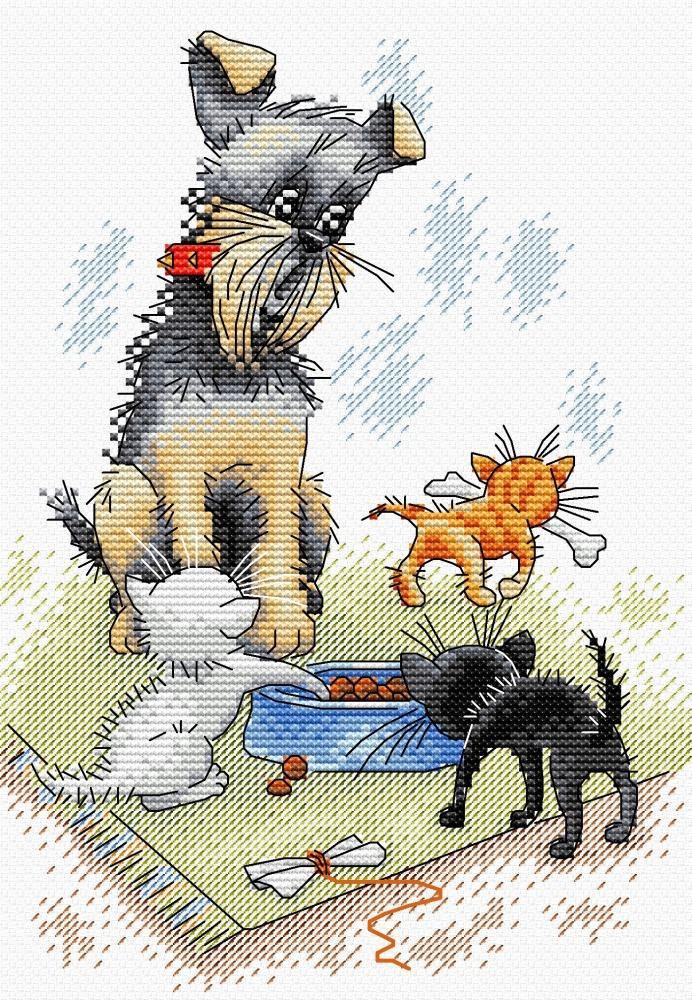 Dog & Puppies SM-204 Counted Cross Stitch Kit featuring AIDA canvas, colorful threads, and instructions.