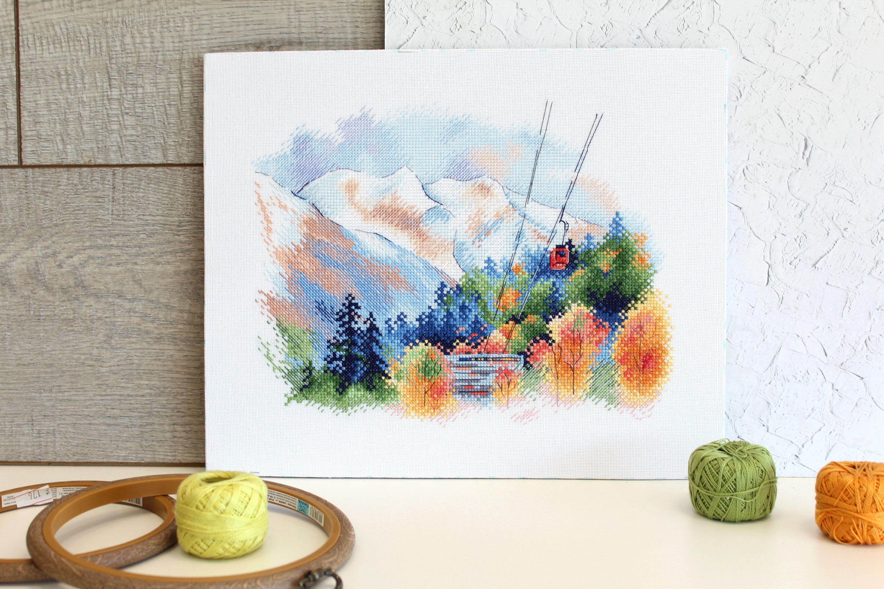 Dombay Mountains A-045 Cross stitch kit featuring vibrant DMC threads and Zweigart canvas, showcasing beautiful autumn park imagery.