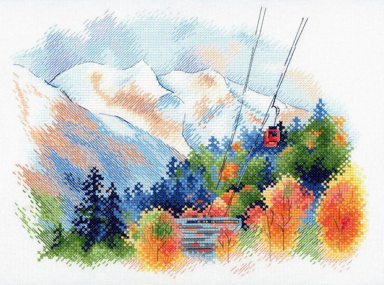 Dombay Mountains A-045 Cross stitch kit featuring vibrant DMC threads and Zweigart canvas, showcasing beautiful autumn park imagery.