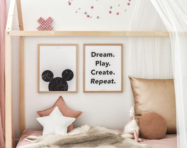 Dream Play Create print featuring whimsical design for children's decor, perfect for nurseries and playrooms.