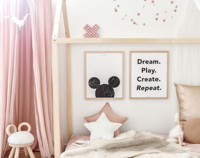 Dream Play Create print featuring whimsical design for children's decor, perfect for nurseries and playrooms.