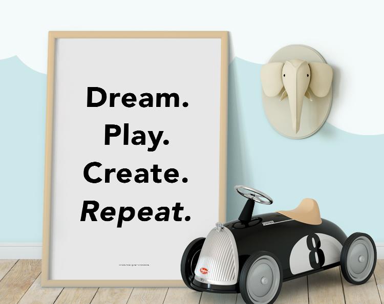 Dream Play Create print featuring whimsical design for children's decor, perfect for nurseries and playrooms.