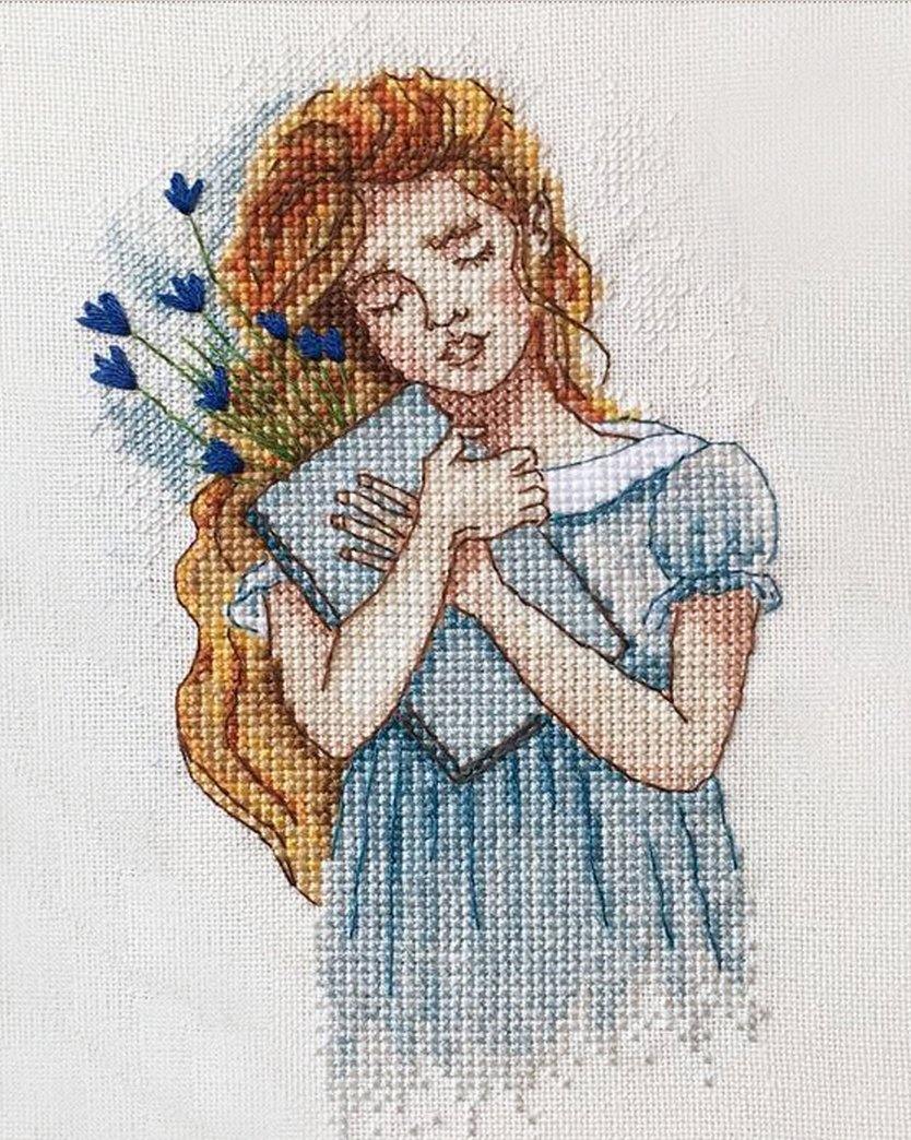 Dreamer OZH-04 Counted Cross-Stitch Kit featuring a ginger girl with a book and flowers, showcasing quality materials and vibrant threads.