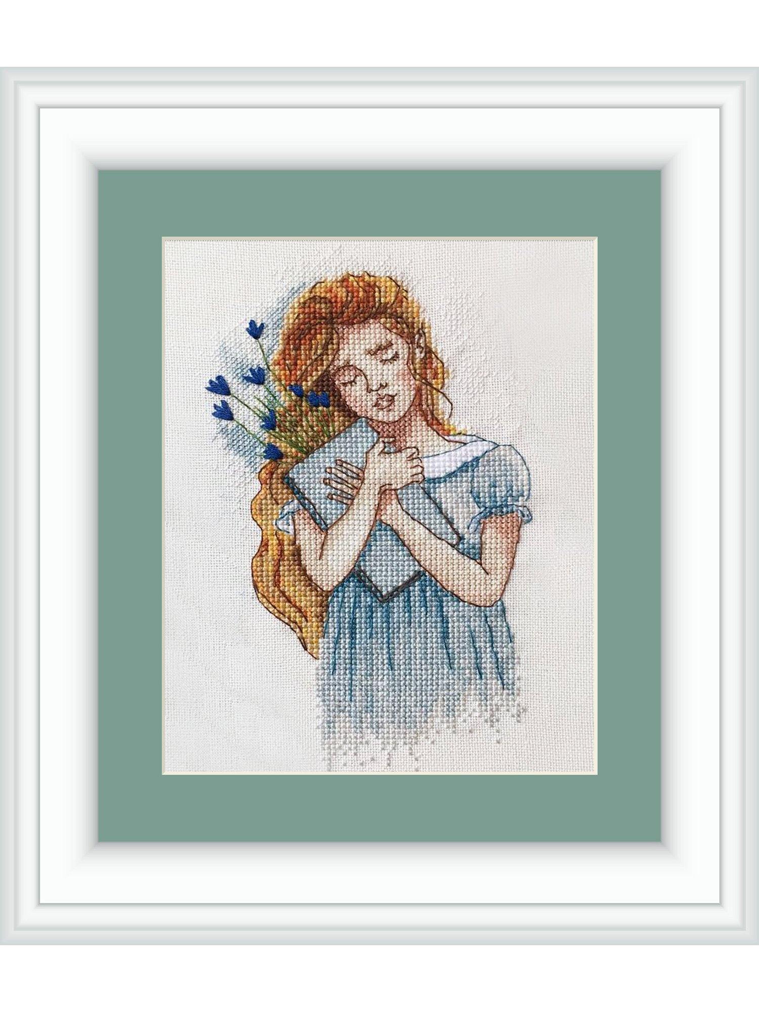 Dreamer OZH-04 Counted Cross-Stitch Kit featuring a ginger girl with a book and flowers, showcasing quality materials and vibrant threads.