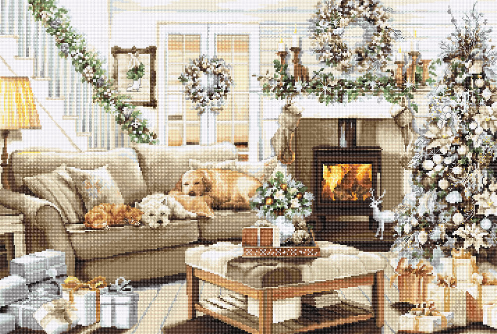 Dreaming of a White Christmas cross-stitch kit featuring Aida canvas, Anchor threads, and a needle, showcasing a snowy holiday scene.