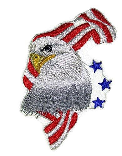 Eagle with Flag embroidered patch, measuring 4.5 inches by 3.5 inches, showcasing intricate embroidery and vibrant colors.