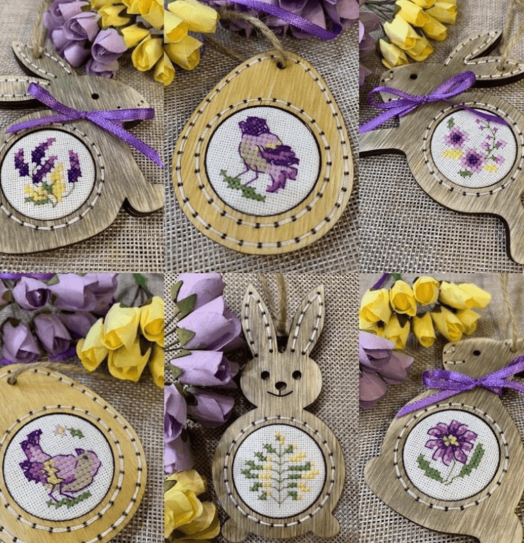 Easter Charms Cross-Stitch Frame Set DI-32 featuring a beautifully crafted wooden frame designed for cross-stitch projects.