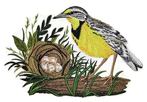 Eastern Meadowlark and Nest embroidered patch, showcasing vibrant colors and intricate details, perfect for iron-on or sewing applications.