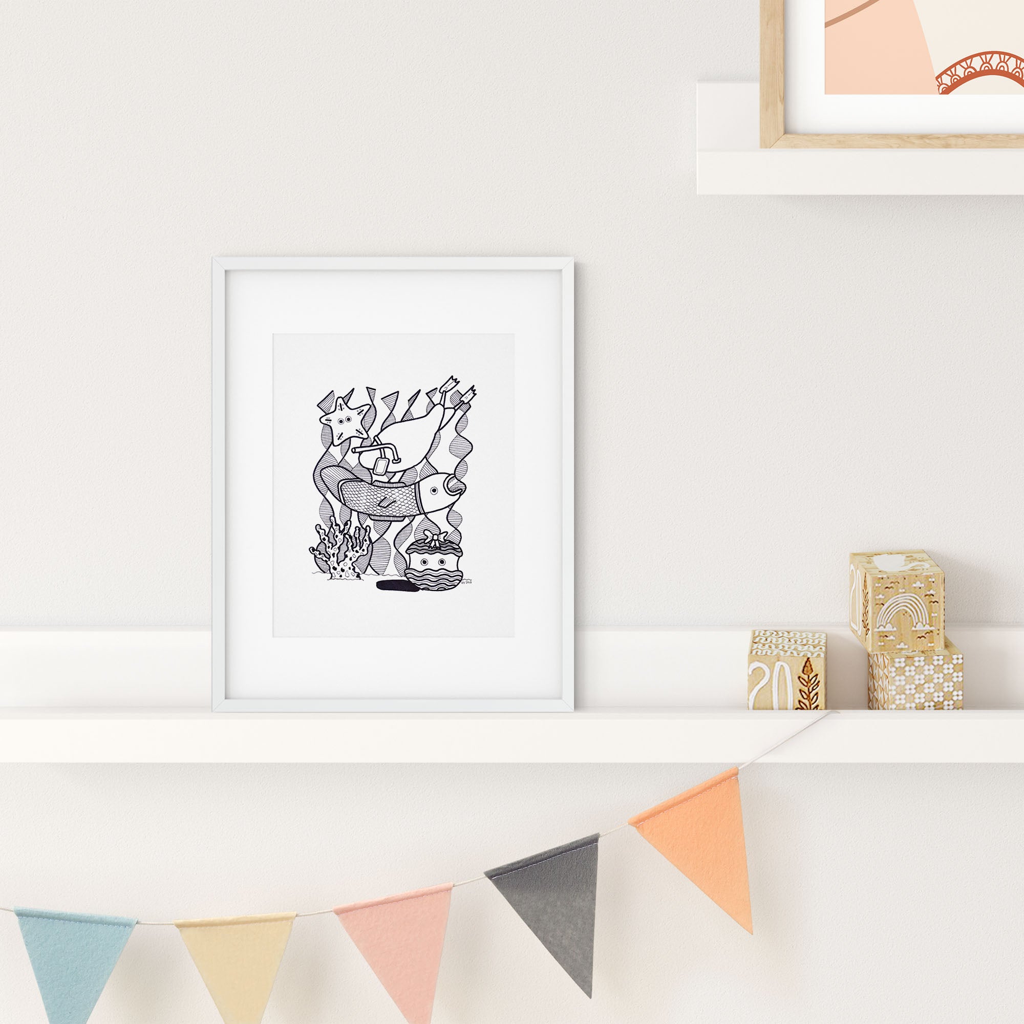 El Nido Black and White #2 print featuring a vibrant coral reef illustration in high-quality ink marker style.