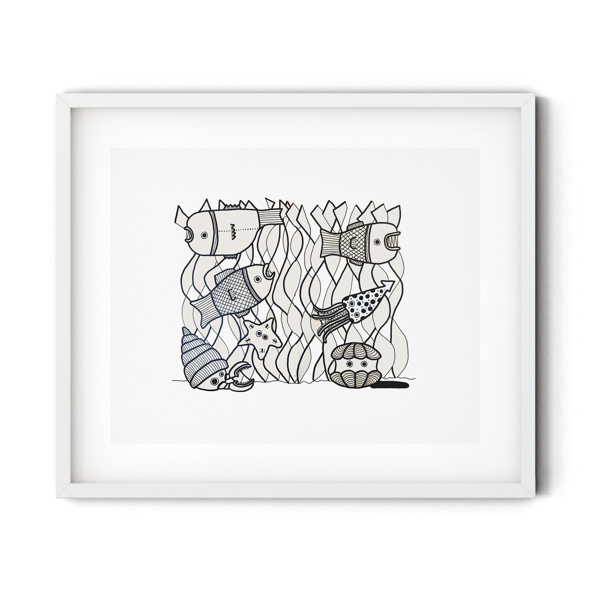 El Nido Black and White #3 print featuring a coral reef scene with squid, hermit crab, fish, and starfish in playful illustration.