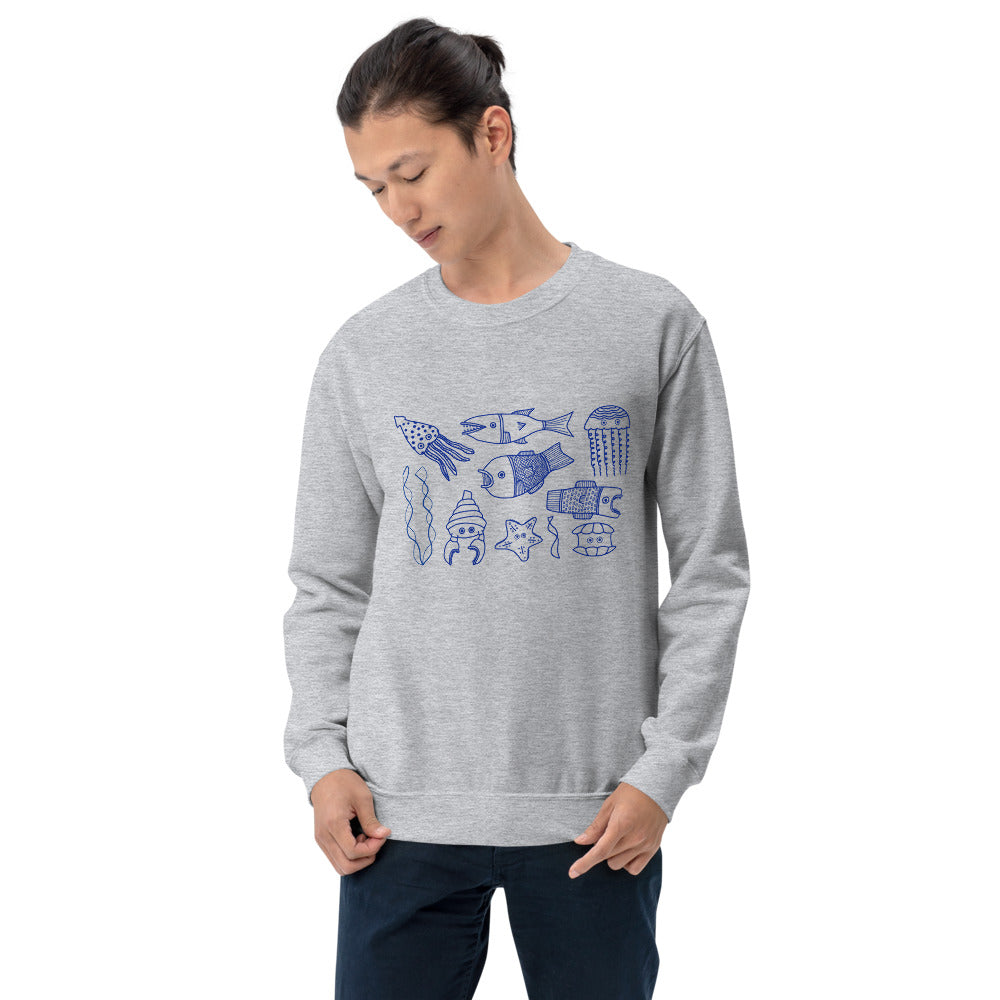 El Nido French Blue sweatshirt featuring a vibrant marine life silkscreen print in bold blue on a grey background.