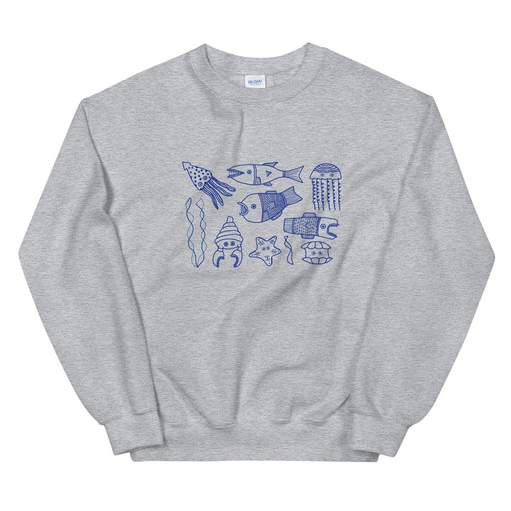 El Nido French Blue sweatshirt featuring a vibrant marine life silkscreen print in bold blue on a grey background.